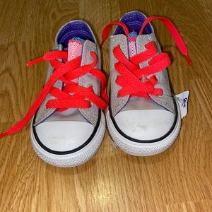 Vintage Converses. Gray, rainbow tongue, bright crimson laces. Toddler, 6 BNWT